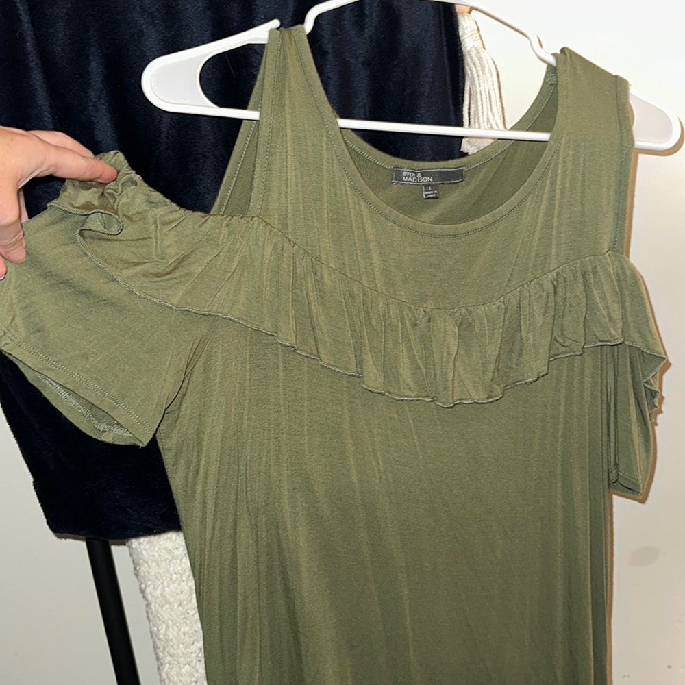 Light olive green cold shoulder ruffle top